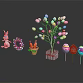 Easter Decorative Setup With Rabbit Figure Egg Tree Carrot Pot And Colorful Eggs 3d model