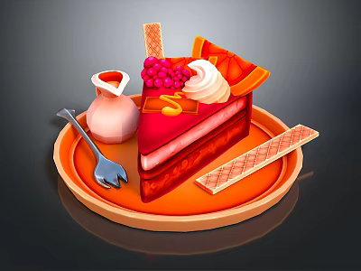 Delicious Red Cake Slice With Cream Berries Waffle Sticks And Milk Jug On Orange Plate 3d model