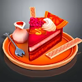 Delicious Red Cake Slice With Cream Berries Waffle Sticks And Milk Jug On Orange Plate