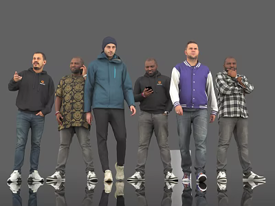 Group of Diverse Men Standing Together in Casual Outfits on Reflective Floor with Gray Background 3d model