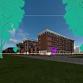 Red Brick Multi Story School Building With Large Windows Greenery And Pedestrians On Campus