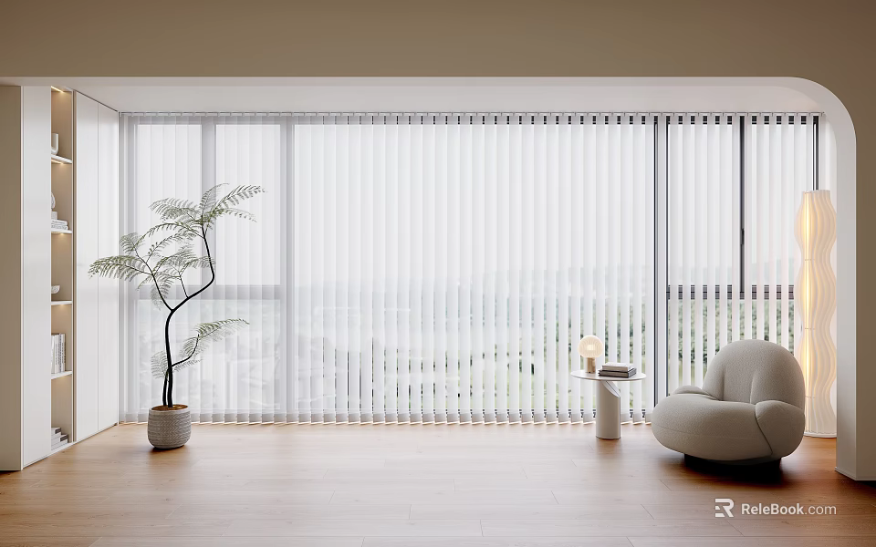 Bright Living Room Large Windows With White Blinds Cozy Sofa Green Plant And City View 3d model 