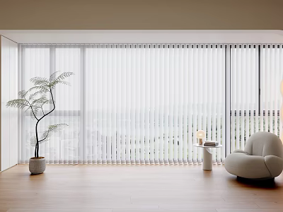 Bright Living Room Large Windows With White Blinds Cozy Sofa Green Plant And City View 3d model