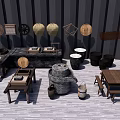 Rustic Dining Table Set With Wooden Table Round Stools Stone Mill And Wall Decorations 3d model