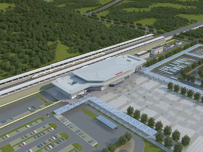 Aerial View of High Speed Railway Station Building With Plaza Parking Lot and Greenery 3d model