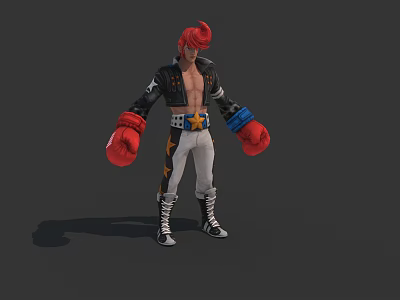 3D Game Character With Red Hair Black Jacket White Star Pants And Red Boxing Gloves 3d model