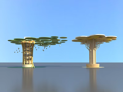 Tree like Columns with Lotus Leaf Top Base Platform and Water Reflection Under Blue Sky 3d model