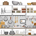 Organized Kitchenware Display On Wall Mounted Shelves With Bowls Dishes Pans And Knives