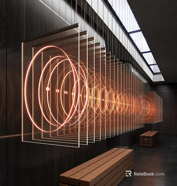 Illuminated Ring Shaped Decorative Lights In Modern Interior With Vertical Arrangement And Wooden Backdrop 3d model 