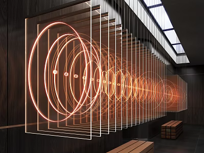 Illuminated Ring Shaped Decorative Lights In Modern Interior With Vertical Arrangement And Wooden Backdrop 3d model