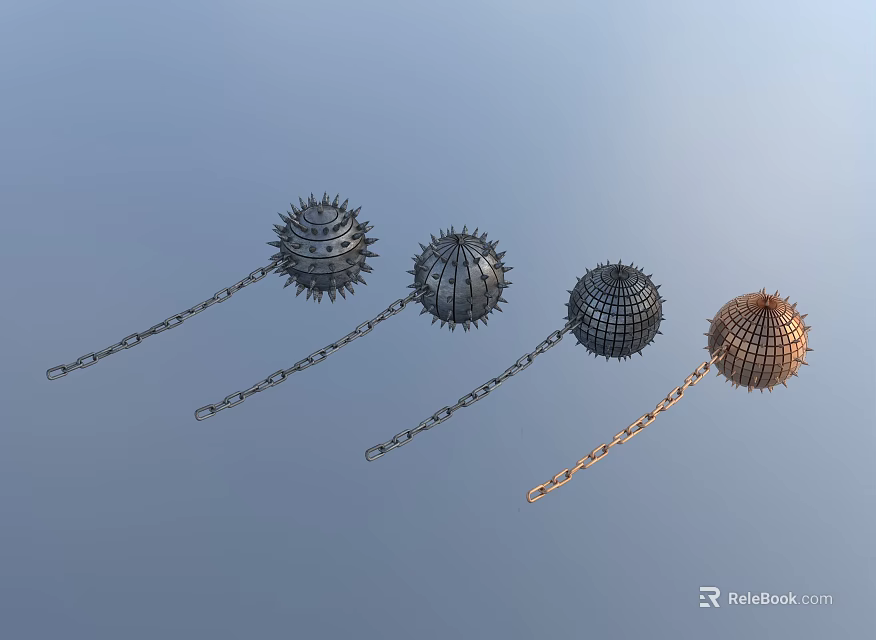 Spiked Ball Weapon With Chain In Various Colors Black Silver And Gold 3d model 