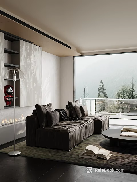 Modern Living Room Interior Design With Dark Sofa Large Window And Mountain View 3d model 