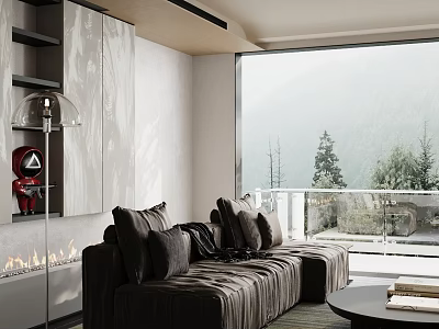 Modern Living Room Interior Design With Dark Sofa Large Window And Mountain View 3d model