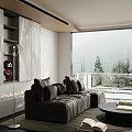 Modern Living Room Interior Design With Dark Sofa Large Window And Mountain View