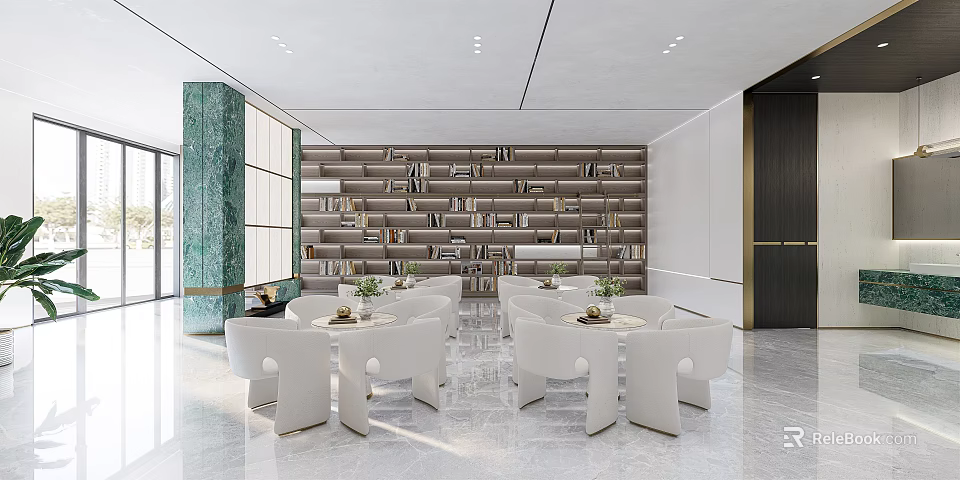 Modern Lounge Area Design With Bookshelves Round Tables And White Chairs 3d model 