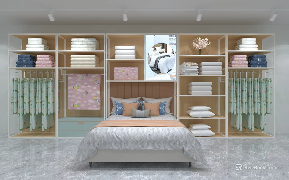 Modern Bedroom Interior With Bed Pillows Shelves Folded Towels And Wardrobes 3d model 