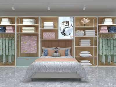 Modern Bedroom Interior With Bed Pillows Shelves Folded Towels And Wardrobes 3d model