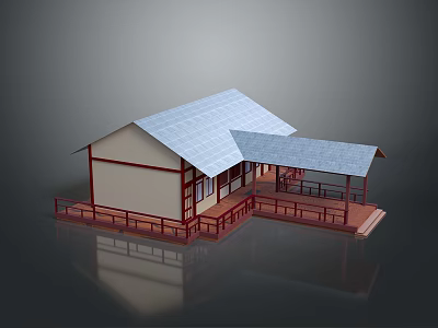 Traditional Style Residential Building With Gray Roof White Walls Red Railings And Covered Porch 3d model