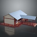 Traditional Style Residential Building With Gray Roof White Walls Red Railings And Covered Porch