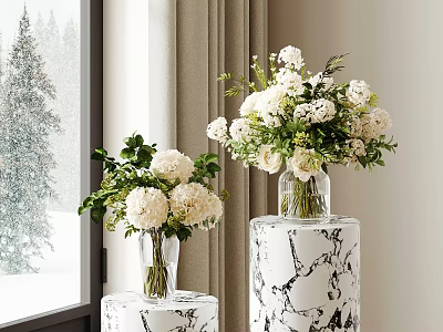 White Hydrangea Bouquets In Glass Vases On Marble Pedestals With Snowy Window View 3d model