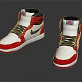 High Top Red White Black Sneakers With Blue Logo And Black Swoosh Design
