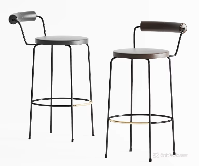 Sleek Modern Bar Stools With Black Metal Frame And Brown Leather Seats 3d model 