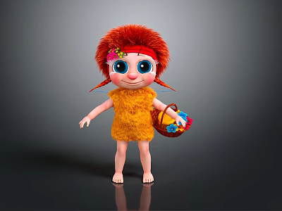 Cute Cartoon Character With Red Fluffy Hair And Flower Accessory Holding Basket Of Colorful Balls 3d model