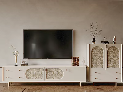 Elegant White TV Stand With Curved Decorative Doors Matching Cabinet And Wall Mounted TV 3d model