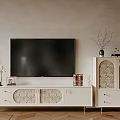 Elegant White TV Stand With Curved Decorative Doors Matching Cabinet And Wall Mounted TV
