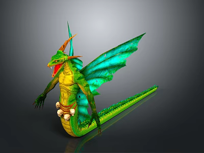 3D Rendered Green Dragon With Blue Green Wings Orange Horns And Yellow Belly 3d model