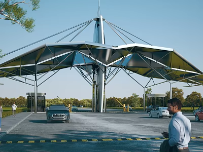 Modern Entrance Gate With Large Steel Canopy Supporting Columns And Cars Entering 3d model