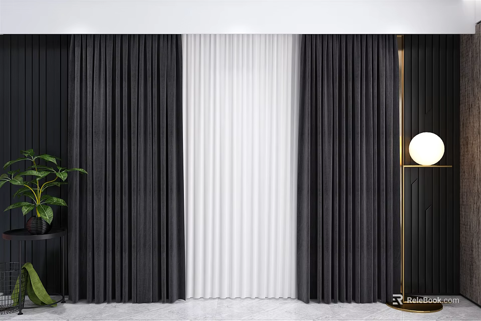 Black And White Velvet Curtains For Modern Living Room Interior With Floor Lamp And Plant 3d model 