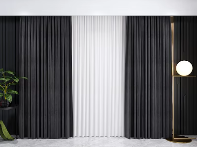 Black And White Velvet Curtains For Modern Living Room Interior With Floor Lamp And Plant 3d model
