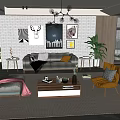 Modern Living Room Interior With White Brick Wall Decorative Paintings Grey Sofa And Yellow Armchair