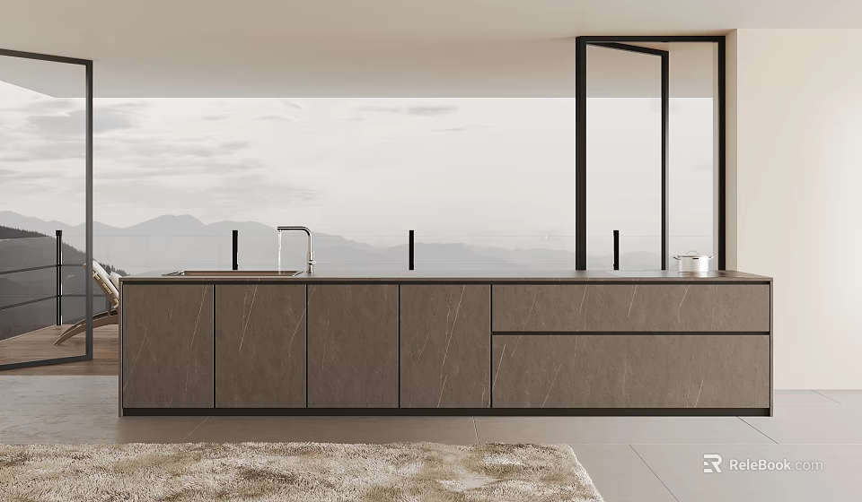 Modern Minimalist Kitchen Interior With Large Windows Mountain View And Sleek Countertop 3d model 