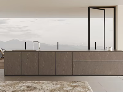 Modern Minimalist Kitchen Interior With Large Windows Mountain View And Sleek Countertop 3d model