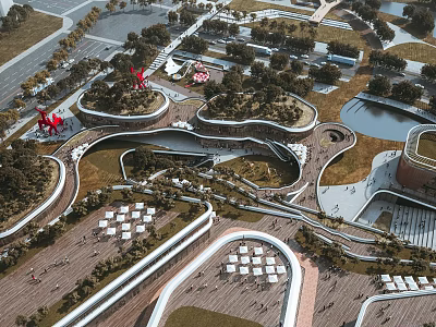 Modern Commercial Street Design With Curved Architecture Green Spaces Pedestrian Walkways And Water Features 3d model
