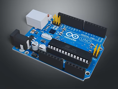 Arduino Uno Microcontroller Board Blue Circuit With Yellow Pins Black Slots White Module Electronic Components 3d model