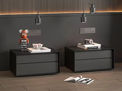 Modern Black Bedside Tables With Toy Camera Books And Magazines 3d model
