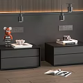Modern Black Bedside Tables With Toy Camera Books And Magazines