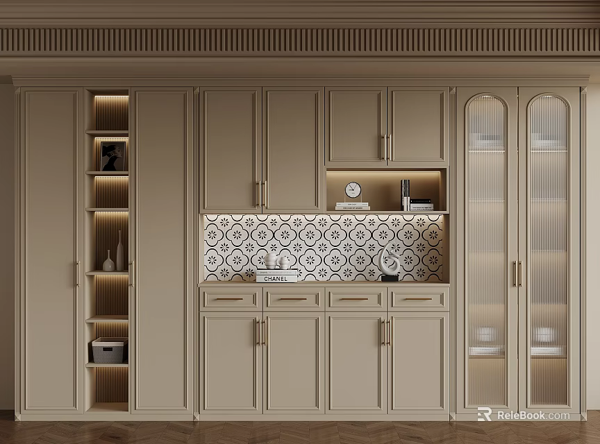 Modern Beige Kitchen Cabinetry With Geometric Tile Backsplash And Open Shelves 3d model