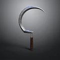Silver Crescent Weapon With Blue Decorative Inlays And Brown Textured Handle