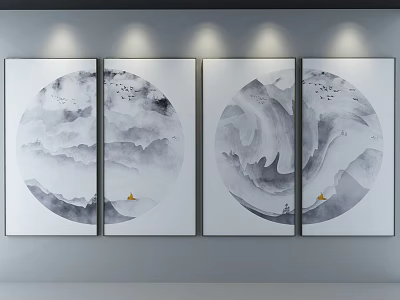 Ink Wash Landscape Paintings With Circular Design Clouds Mountains And Small Boat Wall Decor 3d model