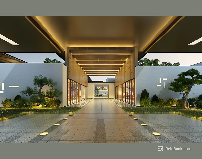 Modern Elevator Lobby Design With Wooden Beams Spacious Walkway And Green Plants 3d model 