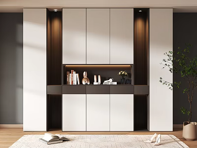 Modern Shoe Cabinet Storage Design With White Dark Wood Open Shelf Books Decor And Lighting 3d model