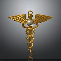 Fashionable Golden Clothing Accessory With Wing Design And Pearl Center Caduceus Inspired Brooch