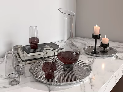 Stylish Ceramic Vessels Arranged on Marble Countertop with Glass Decanter Candles Trays and Books 3d model