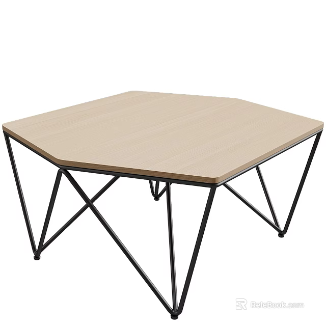 Modern Minimalist Hexagonal Coffee Table With Wooden Top And Black Metal Cross Legs 3d model 