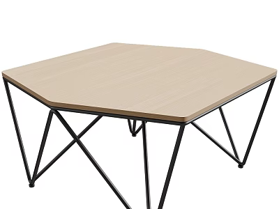 Modern Minimalist Hexagonal Coffee Table With Wooden Top And Black Metal Cross Legs 3d model