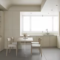 Modern Kitchen Interior With Dining Table Chairs White Shutters And Light Cabinets